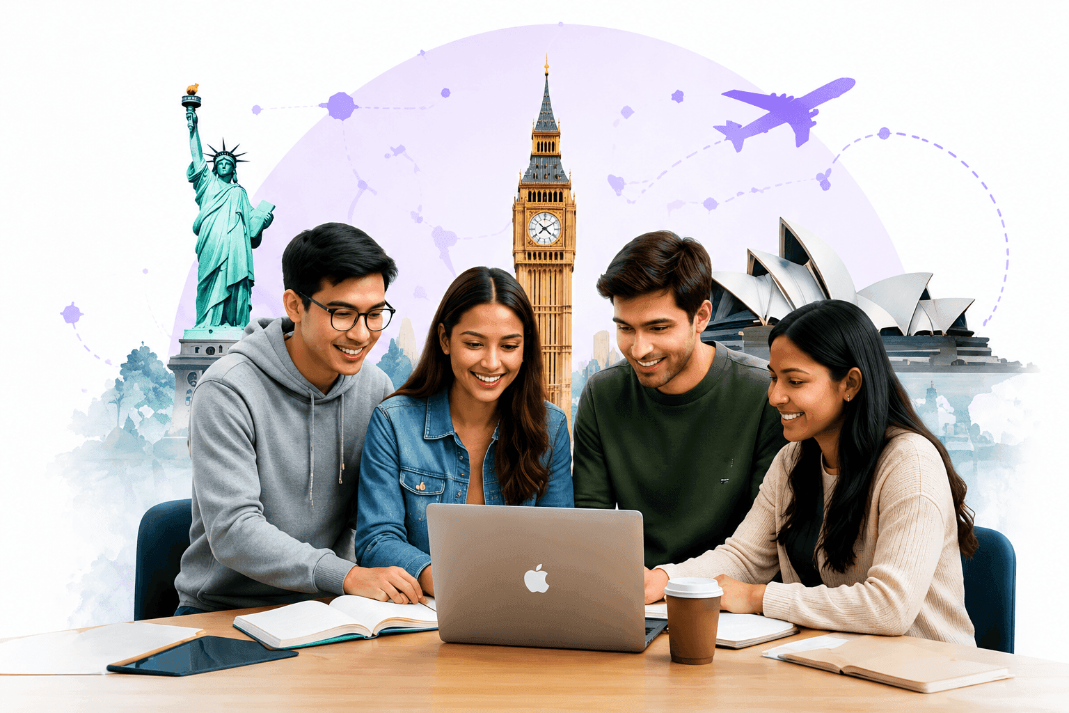 Four students studying together on a laptop, with the Statue of Liberty, Big Ben, and Sydney Opera House in the background