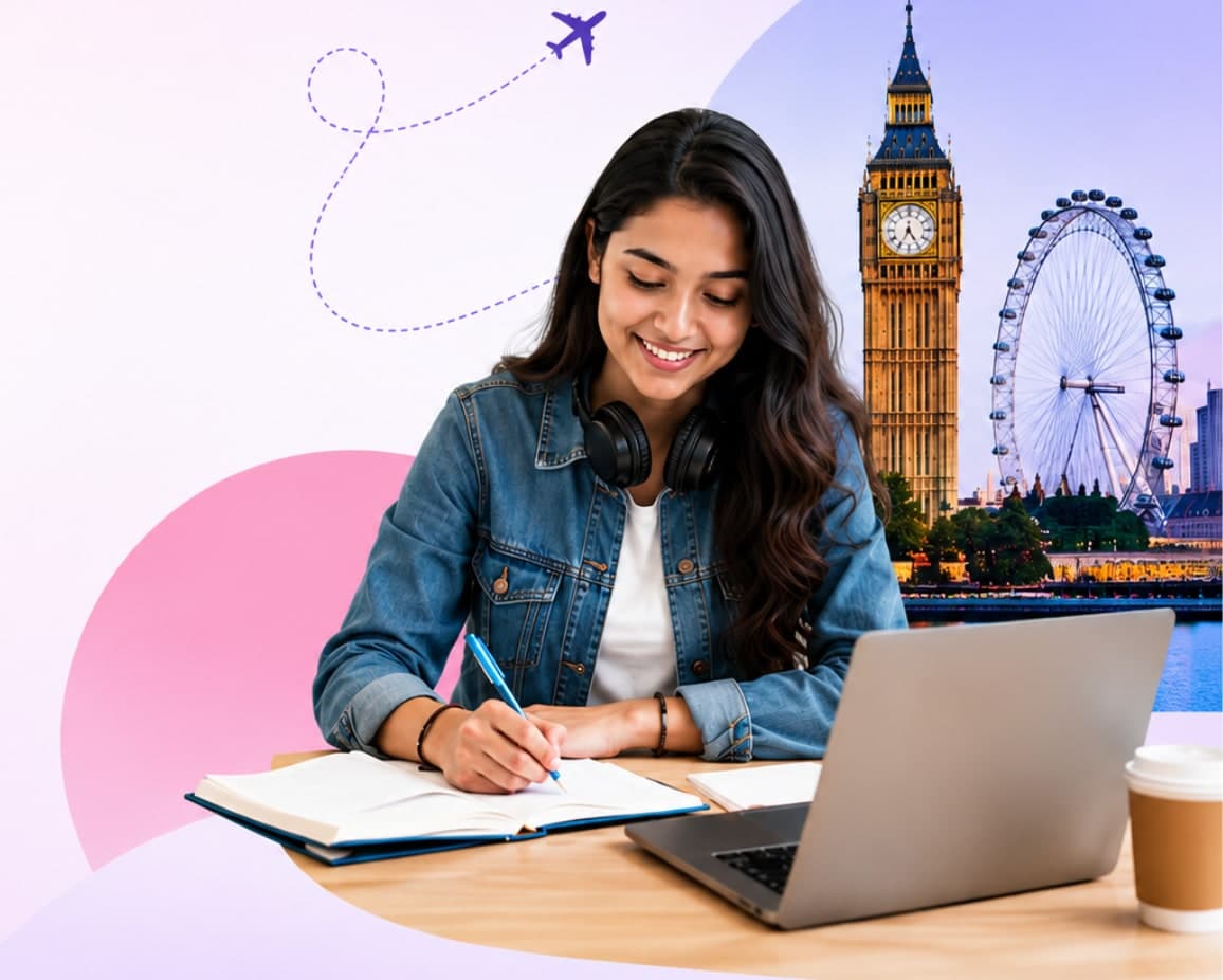 A student preparing for her test prep exams, writing notes with a laptop open, with Big Ben and the London Eye in the background