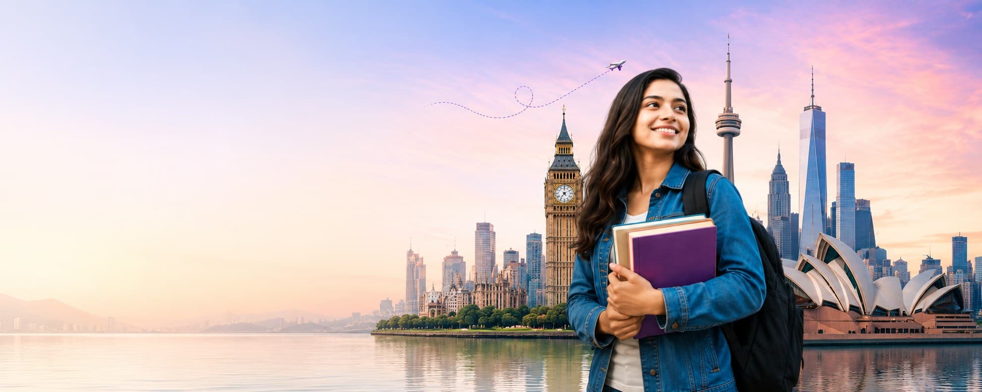A student looking forward to her study abroad journey, with iconic city skylines in the background