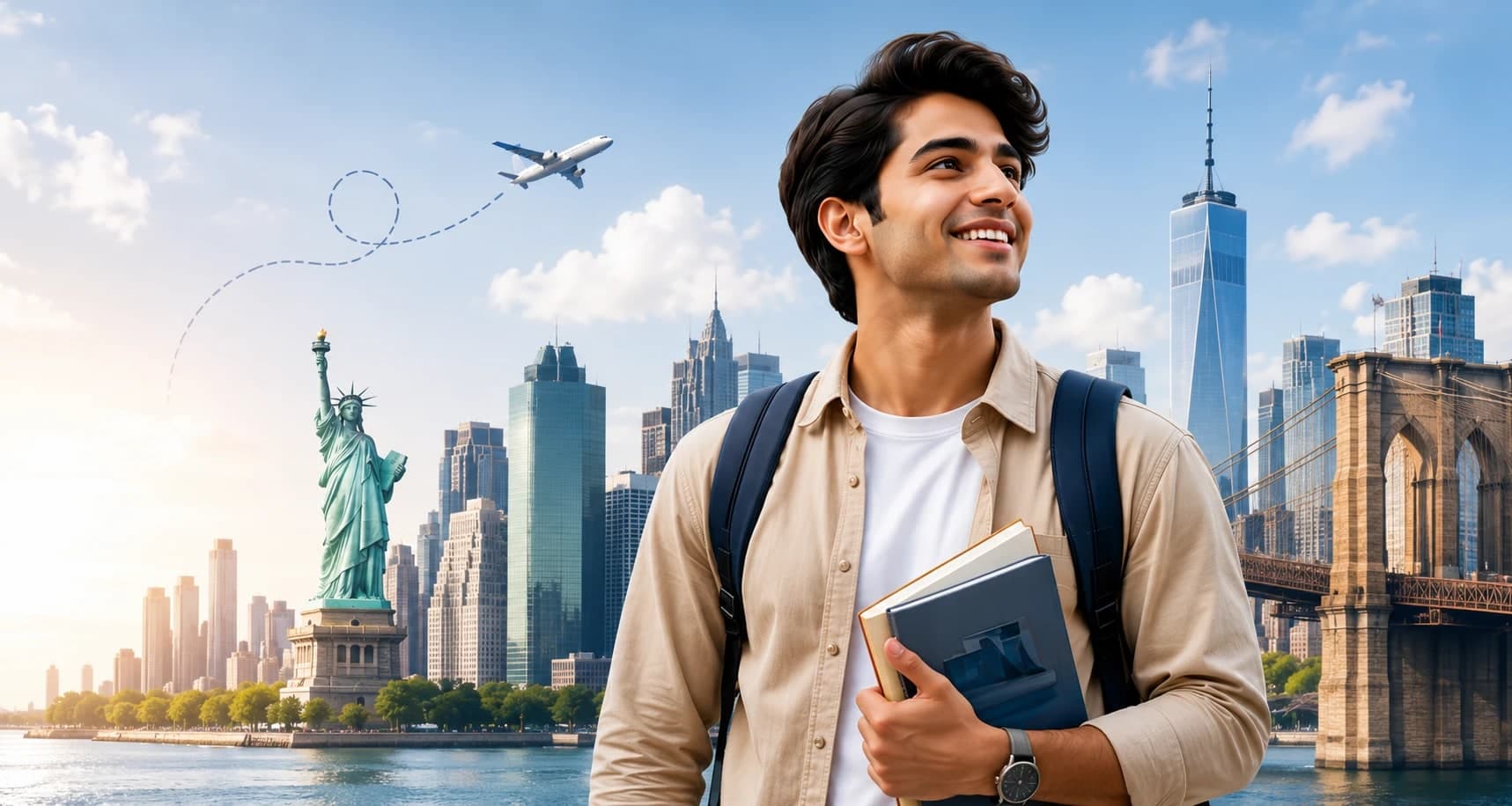 A student holding books, with the Statue of Liberty and New York City skyline in the background